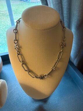 Tory Burch Silver Tone Chain Necklace with Logo Accents